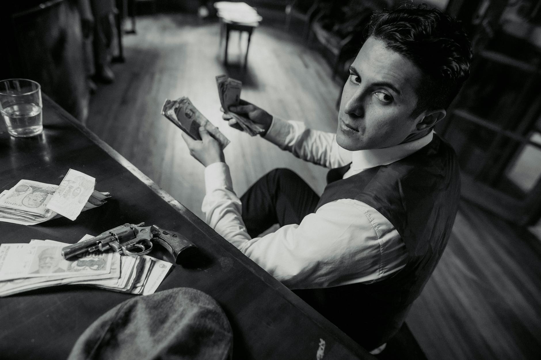 A man counting money with a gun on the desk in a vintage, mafia-themed setting.