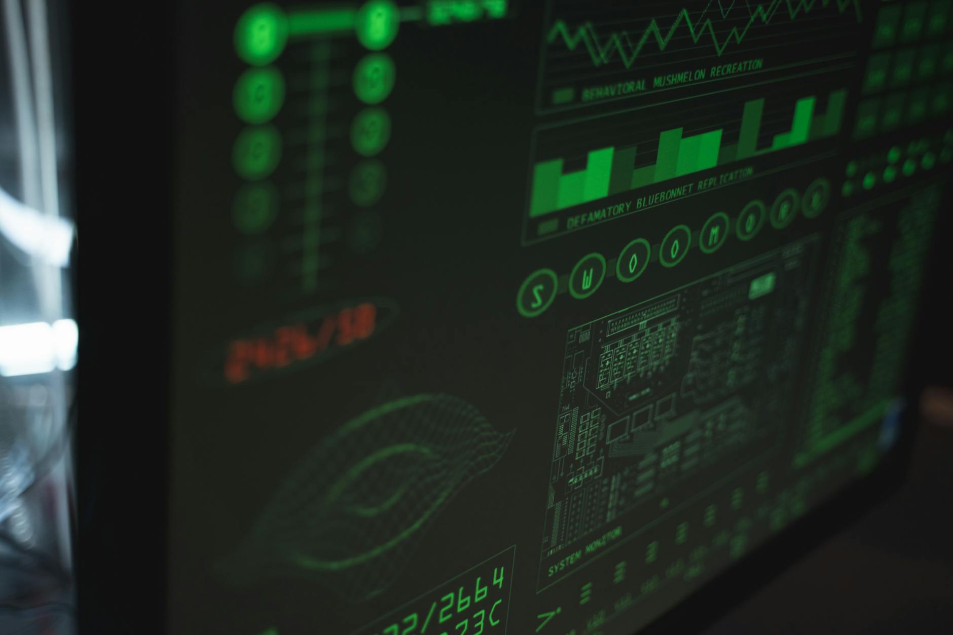 Close-up view of a computer displaying cybersecurity and data protection interfaces in green tones.