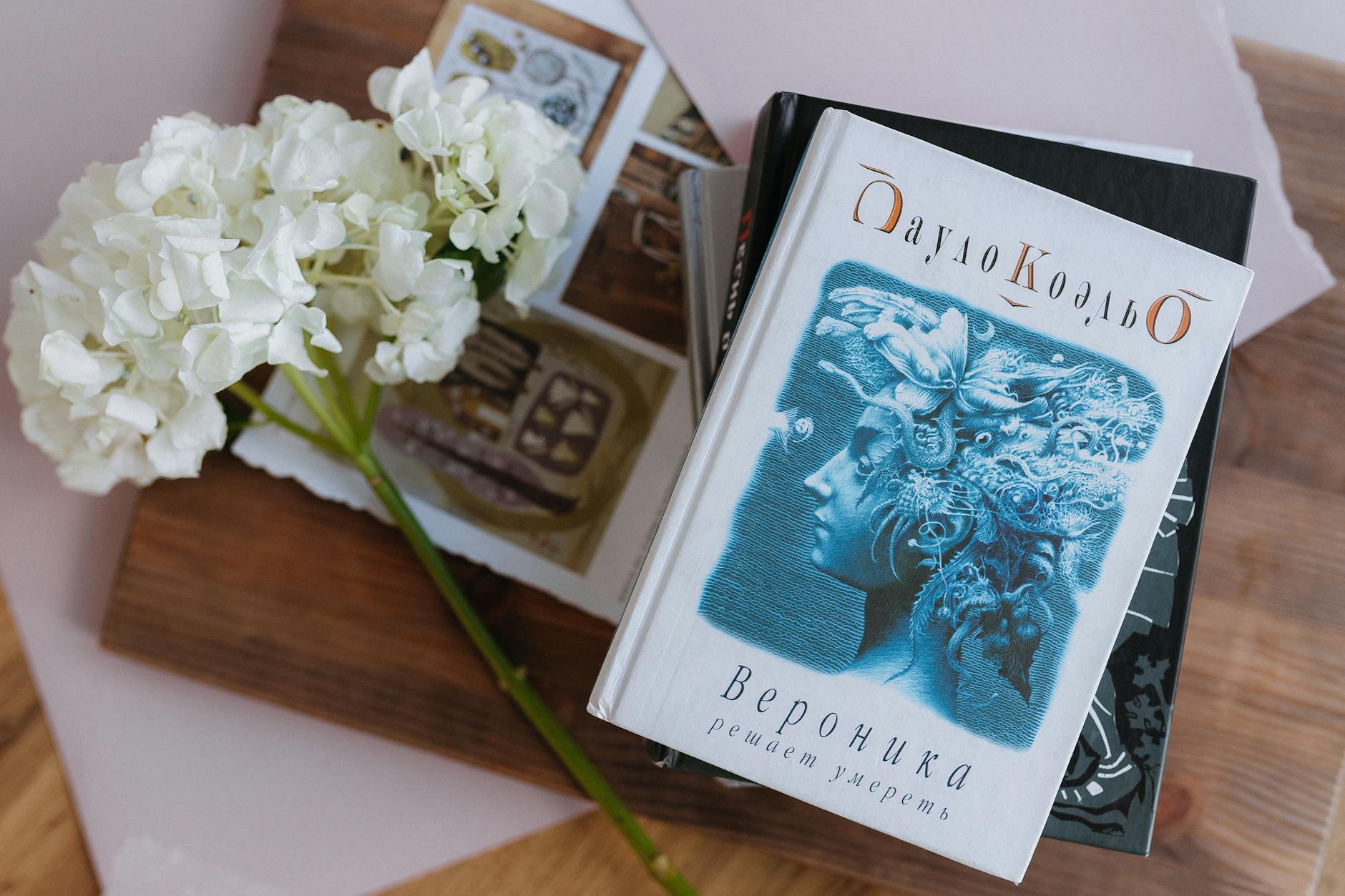 Flat lay of books with white hydrangea blooms, creating a serene and artistic composition.